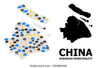 Climate mosaic vector map of Shanghai Municipality. Geographic mosaic map of Shanghai Municipality is created with randomized rain, cloud, sun, thunderstorm.