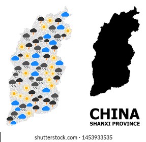 Climate mosaic vector map of Shanxi Province. Geographic mosaic map of Shanxi Province is combined from randomized rain, cloud, sun, thunderstorm icons. Vector flat illustration for climate forecst.