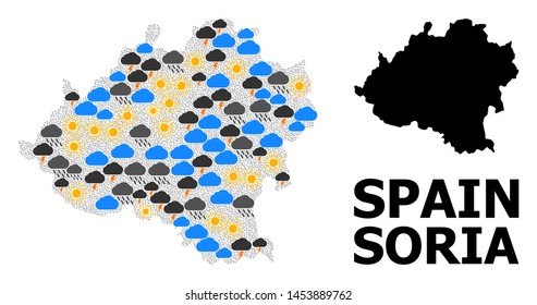 Climate mosaic vector map of Soria Province. Geographic mosaic map of Soria Province is composed with random rain, cloud, sun, thunderstorm icons. Vector flat illustration for climate forecst.