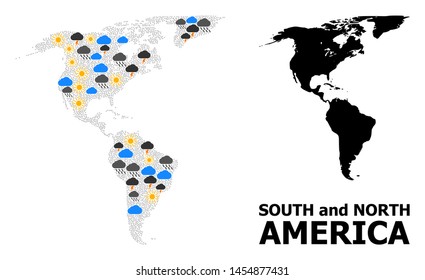 Climate mosaic vector map of South and North America. Geographic composition map of South and North America is created with randomized rain, cloud, sun, thunderstorm items.