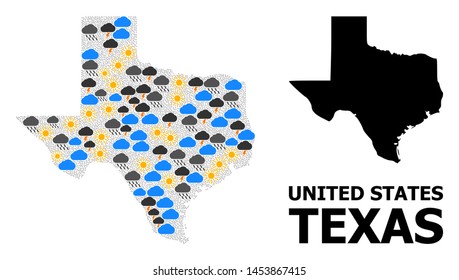 Climate mosaic vector map of Texas State. Geographic mosaic map of Texas State is constructed with randomized rain, cloud, sun, thunderstorm. Vector flat illustration for climate predictions.