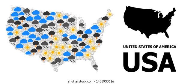 Climate mosaic vector map of USA. Geographic mosaic map of USA is created with random rain, cloud, sun, thunderstorm elements. Vector flat illustration for weather news.