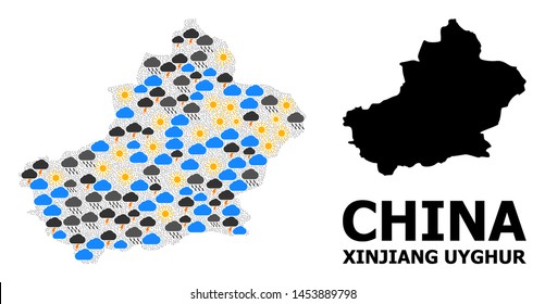 Climate mosaic vector map of Xinjiang Uyghur Region. Geographic composition map of Xinjiang Uyghur Region is organized from randomized rain, cloud, sun, thunderstorm items.