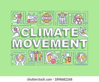 Climate Movement Word Concepts Banner. Infographics With Linear Icons On Green Background. Climate Justice Problem. Global Warming. Isolated Typography. Vector Outline RGB Color Illustration