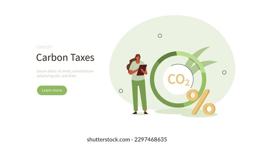 
Climate neutralization. Character showing benefits of carbon taxes and credits on environment. Carbon footprint reducing concept. Vector illustration.