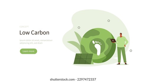 Climate neutralization. Character showing benefits of low carbon industry and renewable energy on environment. Carbon footprint reducing concept. Vector illustration.