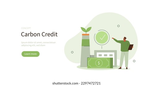 Climate neutralization. Character showing benefits of green industry and carbon credits on environment. Carbon footprint reducing concept. Vector illustration.