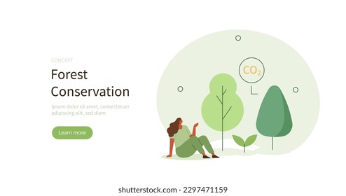 Climate neutralization. Character showing importance of forest conservation on environment. Carbon footprint reducing concept. Vector illustration.