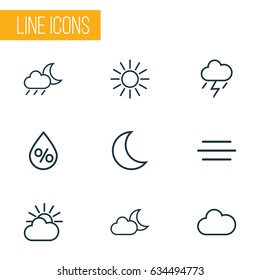 Climate Outline Icons Set. Collection Of Drop, Night, Moon And Other Elements. Also Includes Symbols Such As Sun, Rainfall, Fog.