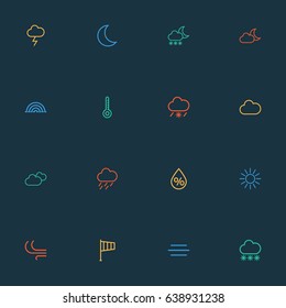 Climate Outline Icons Set. Collection Of Sun, Overcast, Wind And Other Elements. Also Includes Symbols Such As Sunny, Thunderstorm, Rainbow.