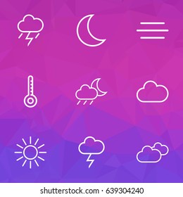 Climate Outline Icons Set. Collection Of Sun, Lightning, Temperature And Other Elements. Also Includes Symbols Such As Stormy, Rainfall, Moon.