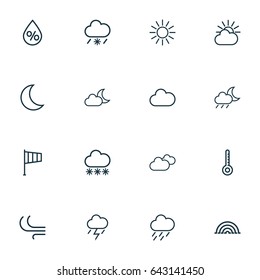 Climate Outline Icons Set. Collection Of Snowy Raining, Night, Rainbow And Other Elements. Also Includes Symbols Such As Thunderstorm, Arc, Temperature.