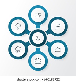 Climate Outline Icons Set. Collection Of Overcast, Moon, Cloud And Other Elements. Also Includes Symbols Such As Overcast, Lightning, Windsock.