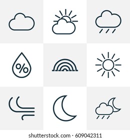 Climate Outlines Set. Collection Of Breeze, Rainstorm, Rain And Other Elements. Also Includes Symbols Such As Drizzle, Humidity, Sun.
