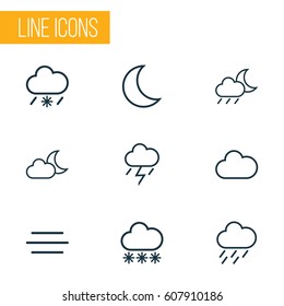Climate Outlines Set. Collection Of Moon, Rainstorm, Wind And Other Elements. Also Includes Symbols Such As Lightning, Wind, Night.
