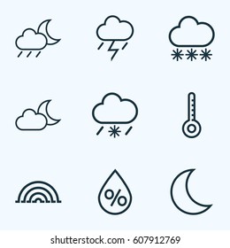 Climate Outlines Set. Collection Of Night, Rainstorm, Drop And Other Elements. Also Includes Symbols Such As Moonlight, Storm, Snowy.