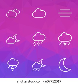Climate Outlines Set. Collection Of Snowy Raining, Overcast, Rainstorm And Other Elements. Also Includes Symbols Such As Rainfall, Drizzle, Night.
