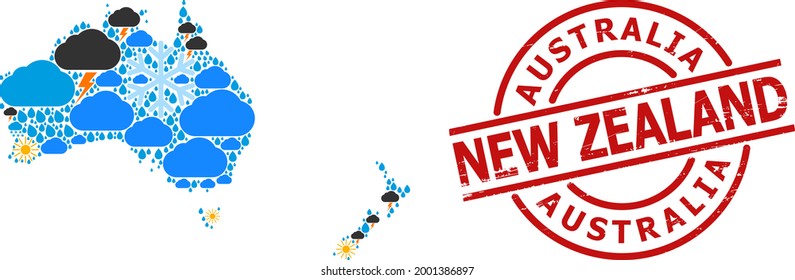 Climate pattern map of Australia and New Zealand, and textured red round stamp seal. Geographic vector concept map of Australia and New Zealand is done with random rain, cloud, sun,