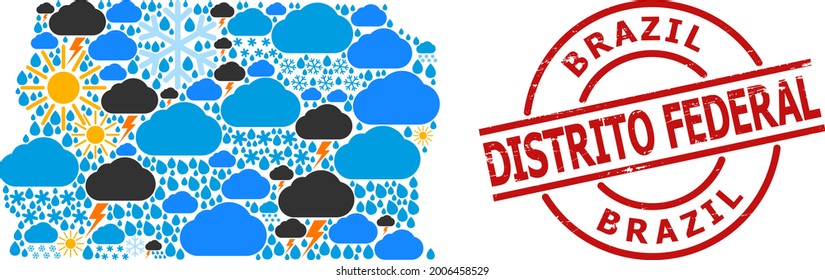 Climate pattern map of Brazil - Distrito Federal, and textured red round badge. Geographic vector mosaic map of Brazil - Distrito Federal is composed with random rain, cloud, sun,