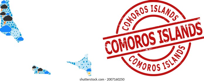 Climate pattern map of Comoros Islands, and distress red round stamp seal. Geographic vector mosaic map of Comoros Islands is combined from random rain, cloud, sun, thunderstorm.