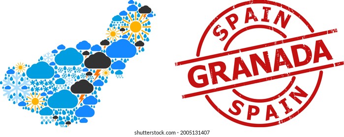 Climate pattern map of Granada Province, and scratched red round stamp. Geographic vector composition map of Granada Province is created with randomized rain, cloud, sun, thunderstorm.