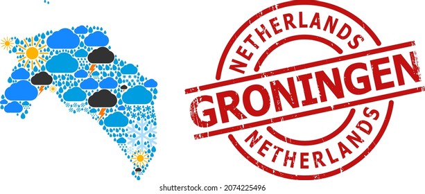 Climate pattern map of Groningen Province, and rubber red round stamp seal. Geographic vector mosaic map of Groningen Province is constructed with randomized rain, cloud, sun, thunderstorm icons.