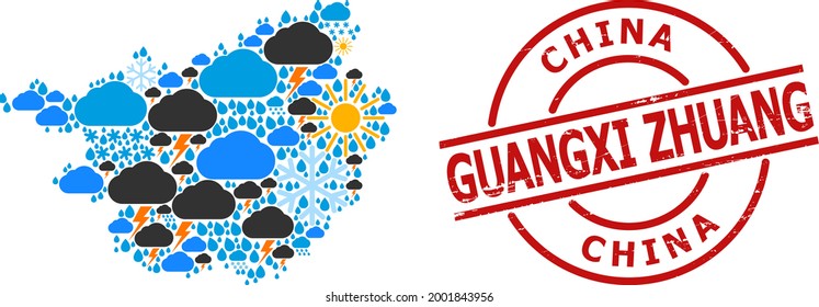Klimabildkarte der Region Guangxi Zhuang und strukturierte rote Rundstempel. Geographische Vektorgrafik der Region Guangxi Zhuang ist mit verstreuten Regen, Wolke, Sonne, Gewitter-Artikeln entworfen.