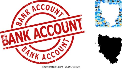 Climate pattern map of Hueska Province, and scratched red round Bank Account seal. Geographic vector mosaic map of Hueska Province is designed as stencil from rounded square and randomized rain,