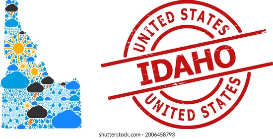 Climate pattern map of Idaho State, and grunge red round seal. Geographic vector collage map of Idaho State is organized with scattered rain, cloud, sun, thunderstorm symbols.