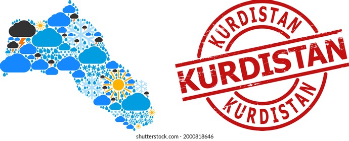 Climate pattern map of Kurdistan, and textured red round seal. Geographic vector composition map of Kurdistan is constructed with scattered rain, cloud, sun, thunderstorm icons.