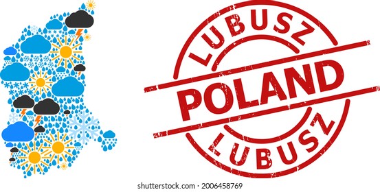 Climate pattern map of Lubusz Province, and distress red round stamp. Geographic vector collage map of Lubusz Province is designed with randomized rain, cloud, sun, thunderstorm.