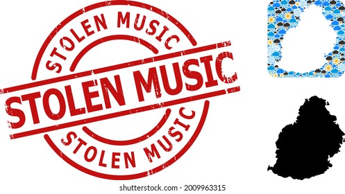 Climate pattern map of Mauritius Island, and scratched red round Stolen Music badge. Geographic vector composition map of Mauritius Island is done as hole from rounded square and randomized rain,