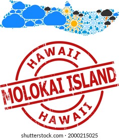 Climate pattern map of Molokai Island, and scratched red round stamp. Geographic vector collage map of Molokai Island is organized from scattered rain, cloud, sun, thunderstorm elements.