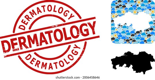 Climate pattern map of North Brabant Province, and grunge red round Dermatology stamp.