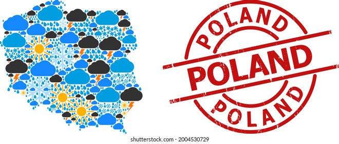 Climate pattern map of Poland, and scratched red round stamp. Geographic vector concept map of Poland is done with random rain, cloud, sun, thunderstorm symbols.