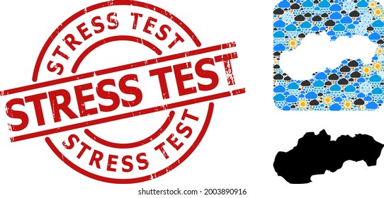 Climate pattern map of Slovakia, and scratched red round Stress Test stamp seal. Geographic vector concept map of Slovakia is created as subtraction from rounded square and random rain, cloud, sun,