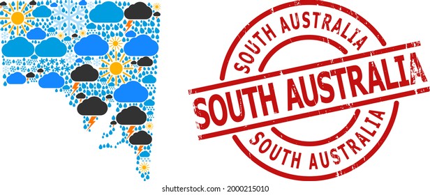Climate pattern map of South Australia, and grunge red round badge. Geographic vector mosaic map of South Australia is composed from randomized rain, cloud, sun, thunderstorm symbols.