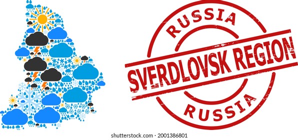 Climate pattern map of Sverdlovsk Region, and distress red round stamp seal. Geographic vector mosaic map of Sverdlovsk Region is composed from randomized rain, cloud, sun, thunderstorm elements.