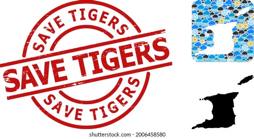 Climate pattern map of Trinidad and Tobago, and rubber red round Save Tigers seal. Geographic vector mosaic map of Trinidad and Tobago is done as carved shape from rounded square and randomized rain,