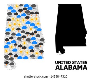Climate pattern vector map of Alabama State. Geographic mosaic map of Alabama State is constructed from randomized rain, cloud, sun, thunderstorm. Vector flat illustration for climate predictions.