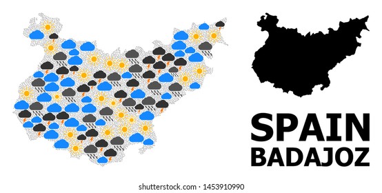 Climate pattern vector map of Badajoz Province. Geographic collage map of Badajoz Province is created from random rain, cloud, sun, thunderstorm elements. Vector flat illustration for climate forecst.
