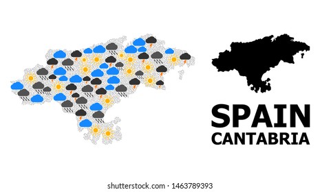 Climate pattern vector map of Cantabria Province. Geographic concept map of Cantabria Province is combined with randomized rain, cloud, sun, thunderstorm icons.
