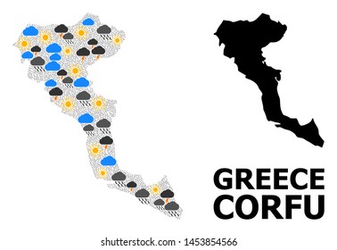 Climate pattern vector map of Corfu Island. Geographic concept map of Corfu Island is organized with randomized rain, cloud, sun, thunderstorm. Vector flat illustration for climate predictions.
