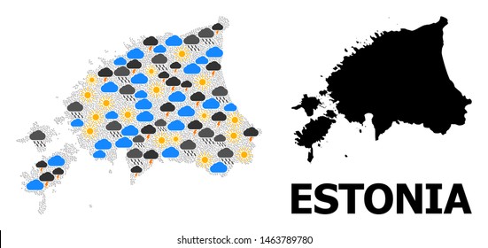 Climate pattern vector map of Estonia. Geographic composition map of Estonia is constructed from randomized rain, cloud, sun, thunderstorm icons. Vector flat illustration for climate forecst.