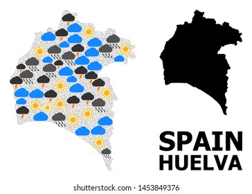 Climate pattern vector map of Huelva Province. Geographic composition map of Huelva Province is done with scattered rain, cloud, sun, thunderstorm elements.