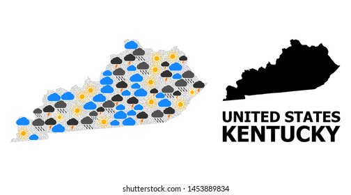 Climate pattern vector map of Kentucky State. Geographic mosaic map of Kentucky State is composed from randomized rain, cloud, sun, thunderstorm. Vector flat illustration for climate news.