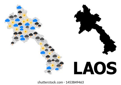 Climate pattern vector map of Laos. Geographic collage map of Laos is organized from randomized rain, cloud, sun, thunderstorm elements. Vector flat illustration for climate forecst.
