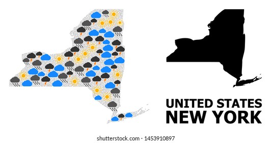 Climate pattern vector map of New York State. Geographic concept map of New York State is done with randomized rain, cloud, sun, thunderstorm icons. Vector flat illustration for climate predictions.