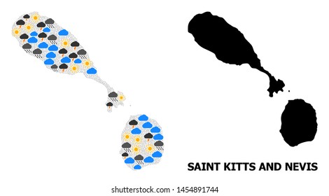Climate pattern vector map of Saint Kitts and Nevis. Geographic collage map of Saint Kitts and Nevis is created with scattered rain, cloud, sun, thunderstorm.