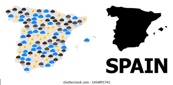 Climate pattern vector map of Spain. Geographic collage map of Spain is combined with scattered rain, cloud, sun, thunderstorm symbols. Vector flat illustration for climate forecst.